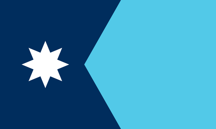 The Minnesota State Flag. A rectangular flag with a dark blue field on the left third with a white, 8 pointed star in the middle of the dark blue. The right side is a lighter blue.